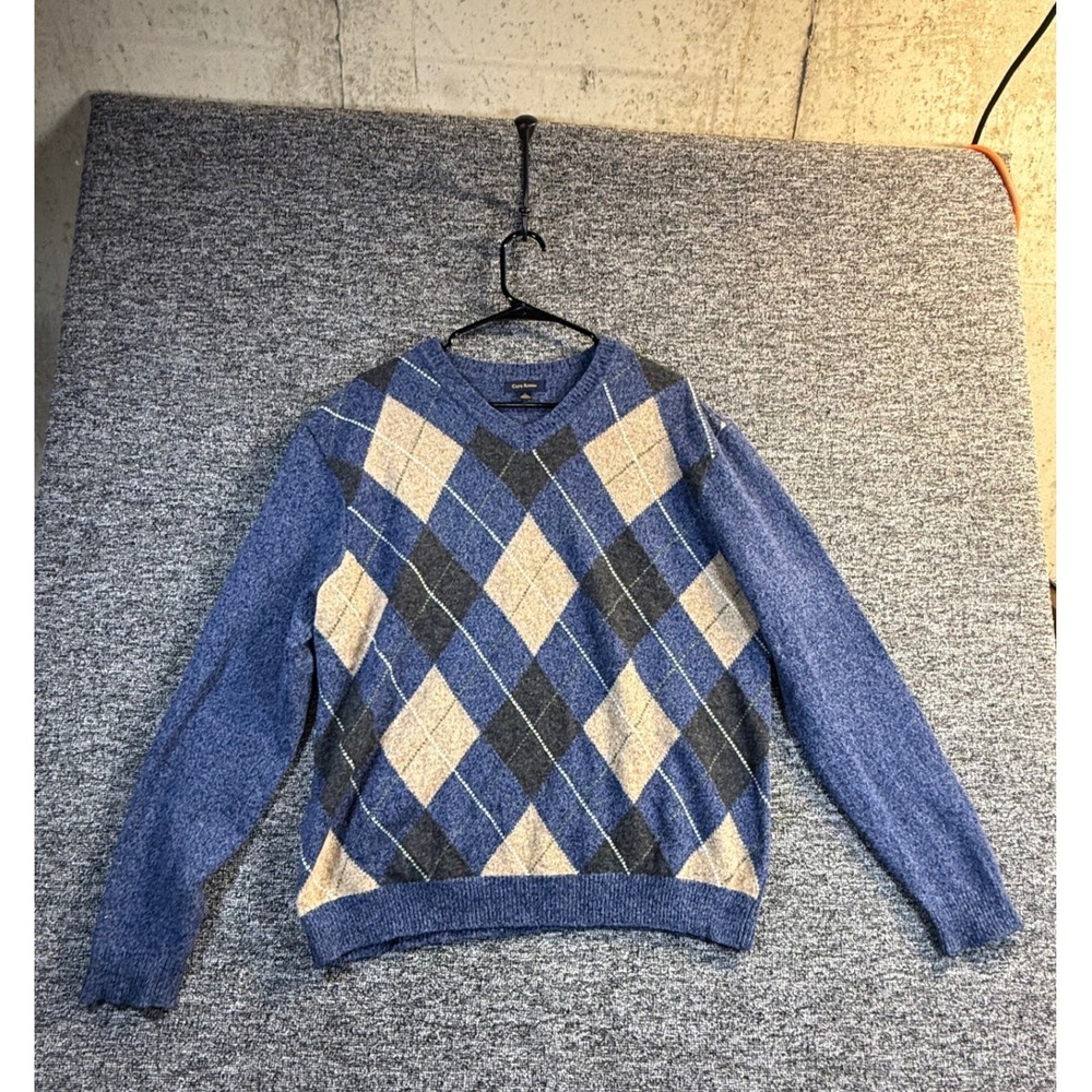 Club Room Mens Blue Argyle V-Neck Sweater 100% Wool Size L Preppy Grandpacore